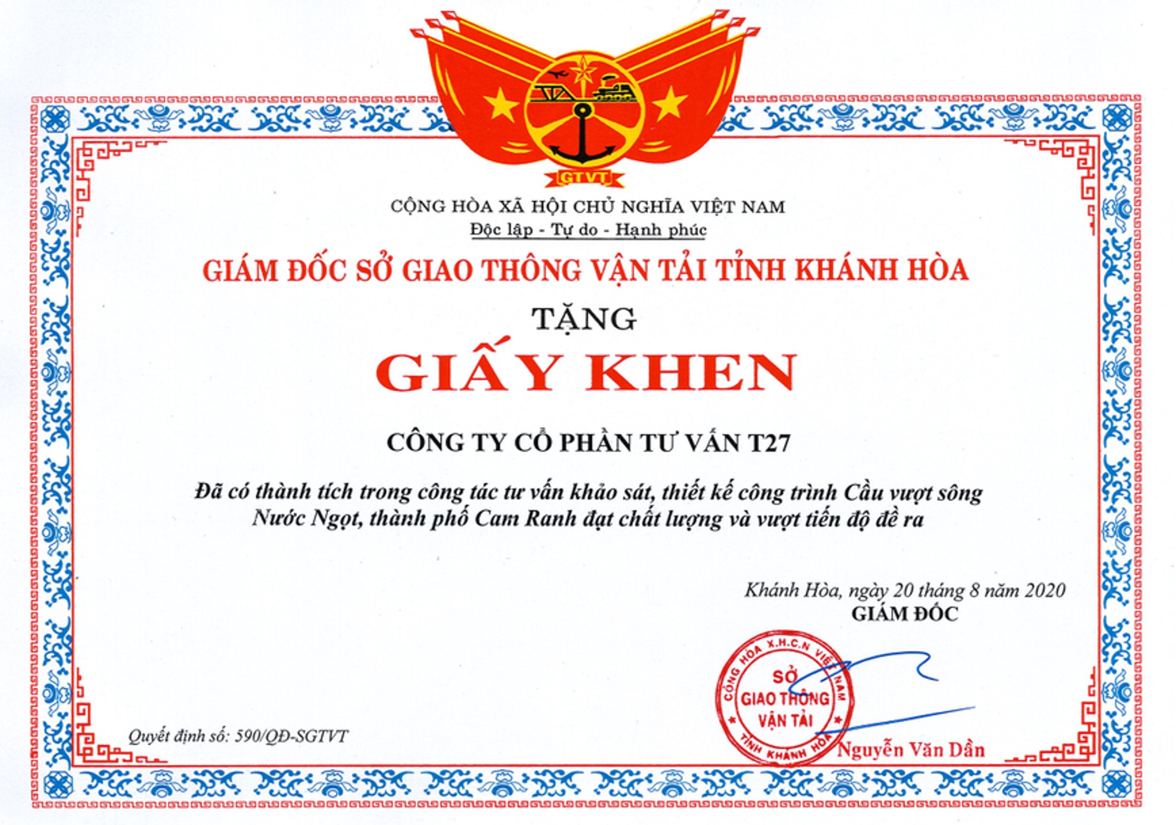 Giấy khen Sở GTVT Khánh Hòa - Cầu vượt sông Nước Ngọt