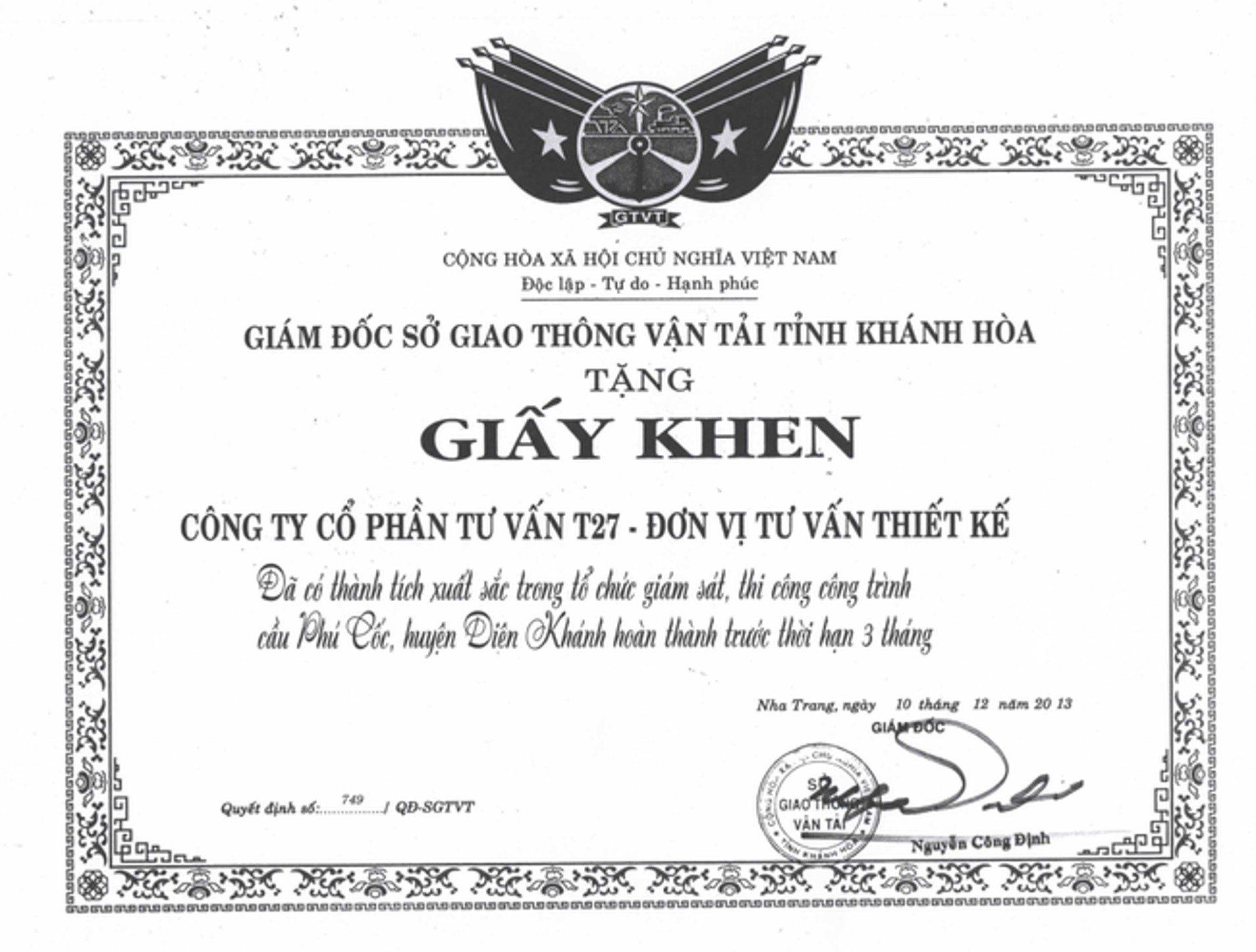 Giấy khen Sở GTVT Khánh Hòa - Cầu Phú Cốc