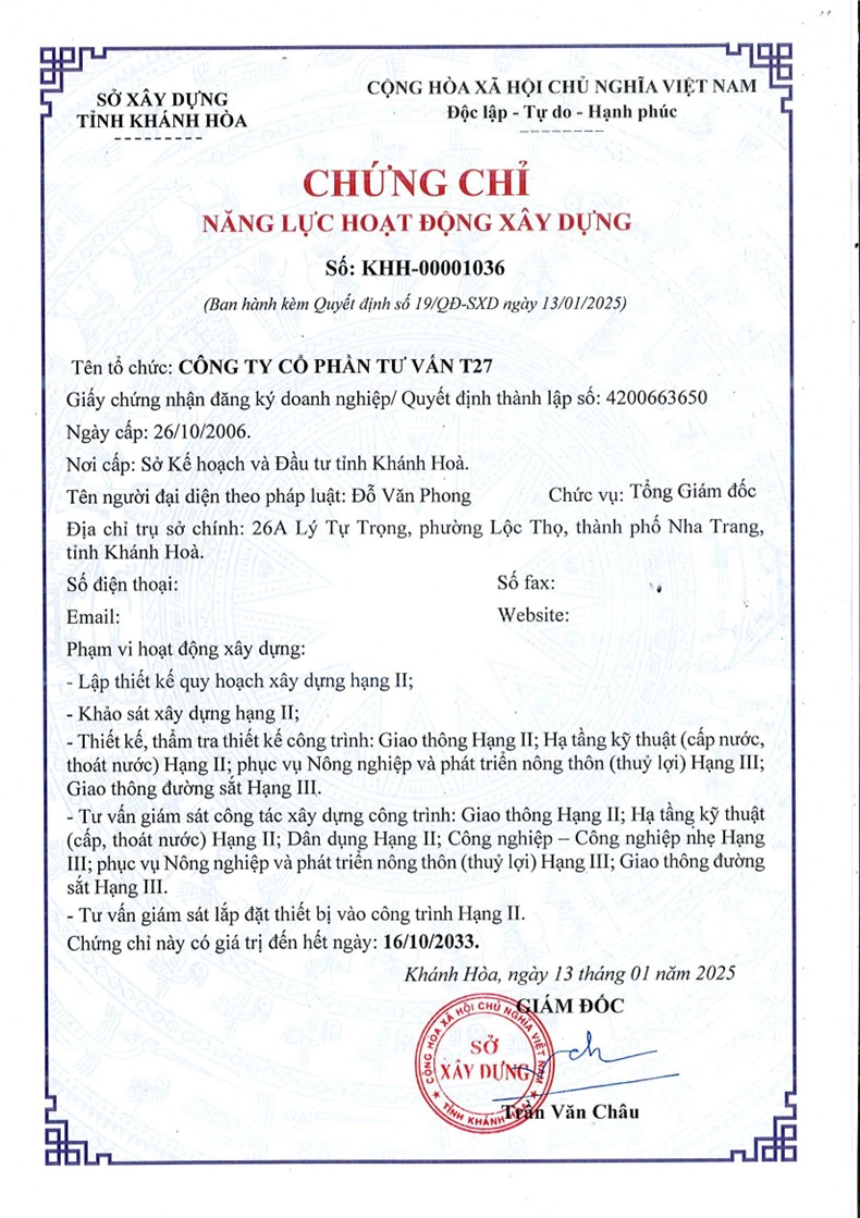 Chứng chỉ Năng lực HĐXD - Sở Xây Dựng Khánh Hòa